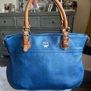 Authentic MCM Blue Monogram Leather 2-Way Handbag-Handheld, Shoulder, Crossbody